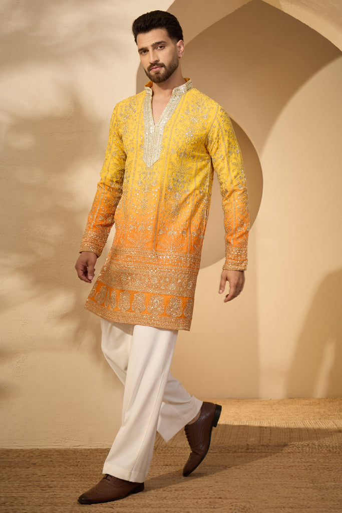 Yellow Georgette Solid Embroidered V-Neck Kurta With Trouser MKSET2585