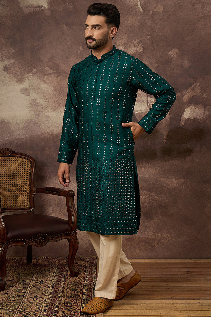 Teal Silk Blend Solid Embroidered Straight Kurta With Pant Set MKSET1357