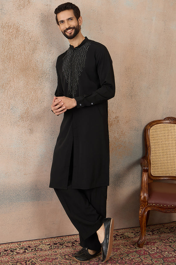 Black Silk Blend Ethnic Motifs Printed Kurta With Trouser MKSET2392