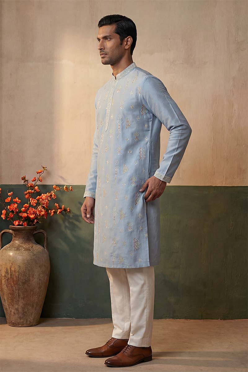 Silk Blend Blue Solid Embroidered Calf Length Straight Kurta With Trousers MKSET2141