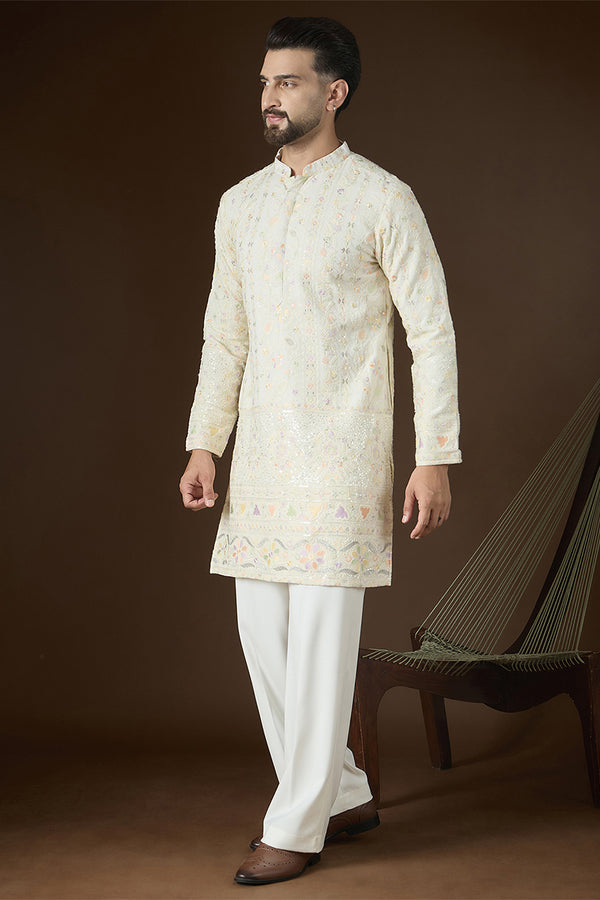 Off White Georgette Solid Embroidered Kurta MKU2732