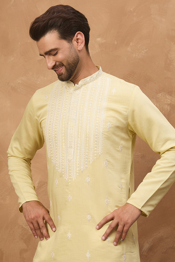 Yellow Silk Blend Solid Embroidered Straight Kurta MKU1509