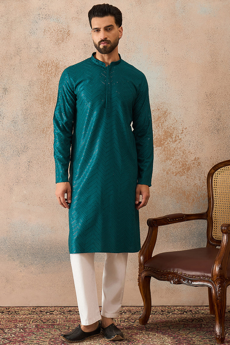 Turquoise Blue Rayon Embroidered Solid Straight Kurta With Trousers MKSET2184