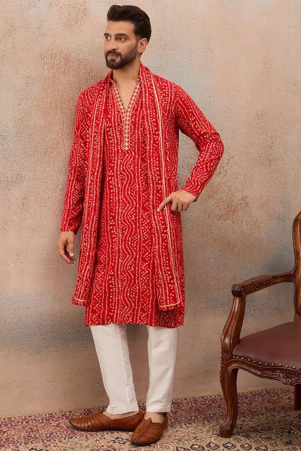 Red Viscose Rayon Bandhani Printed Mandarin Collar Kurta & Trouser With Dupatta MKPD1081