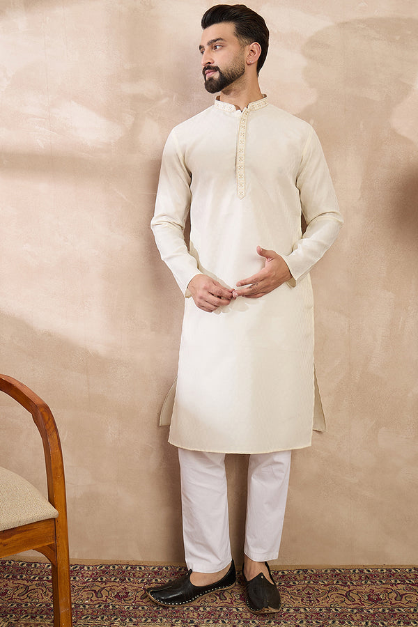 Off White Silk Blend Solid Woven Design Straight Kurta MKU1897