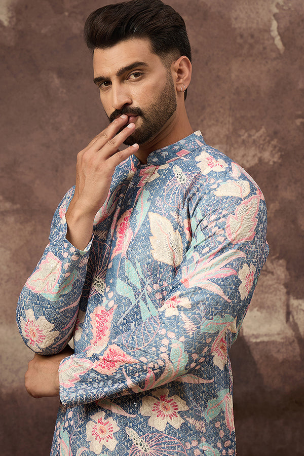 Blue Viscose Rayon Floral Embroidered Straight Kurta with Trouser MKSET1429