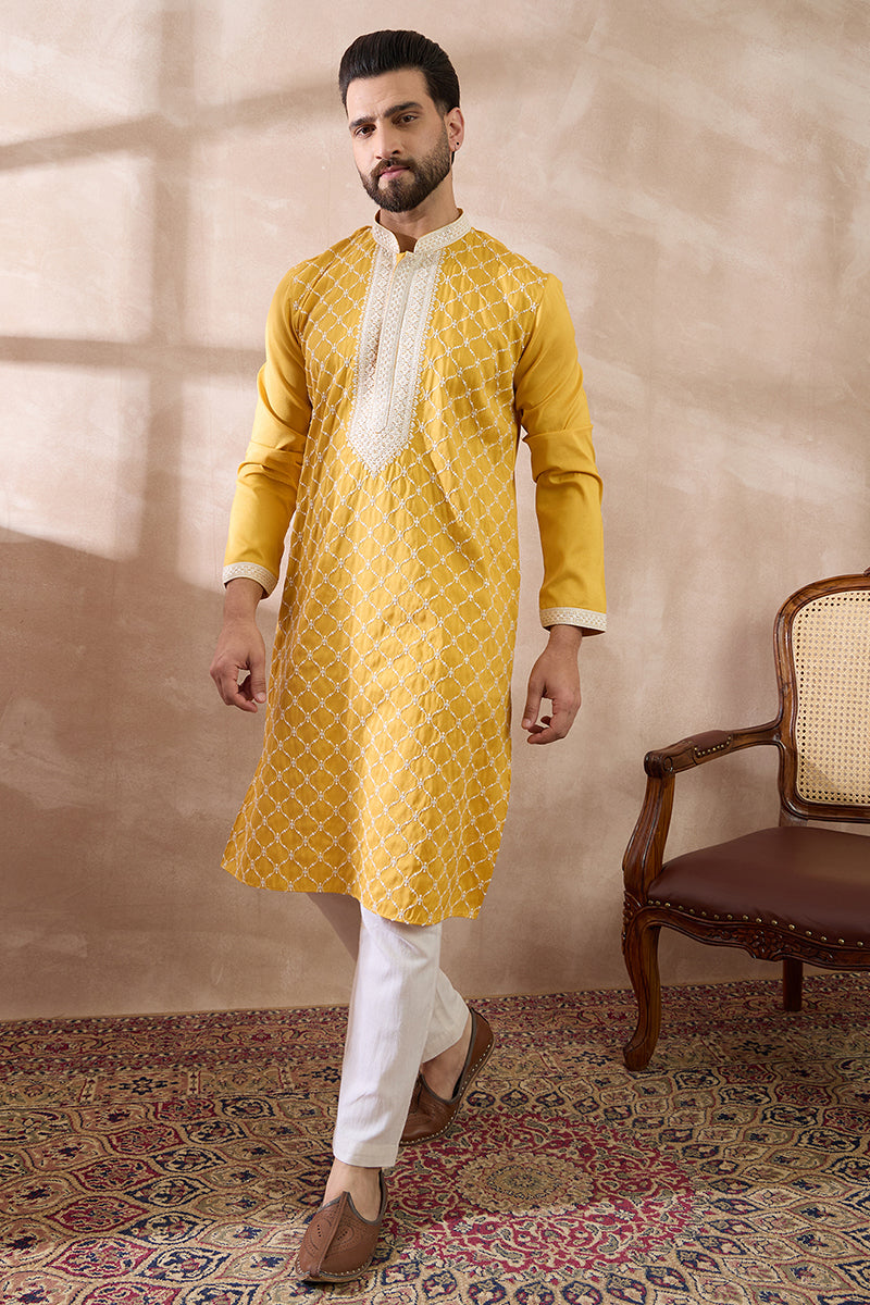 Yellow Silk Blend Embroidered Mandarin Collar Straight Kurta With Trouser MKSET1691
