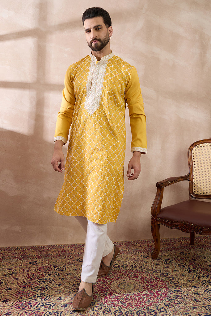 Yellow Silk Blend Embroidered Mandarin Collar Straight Kurta With Trouser MKSET1691