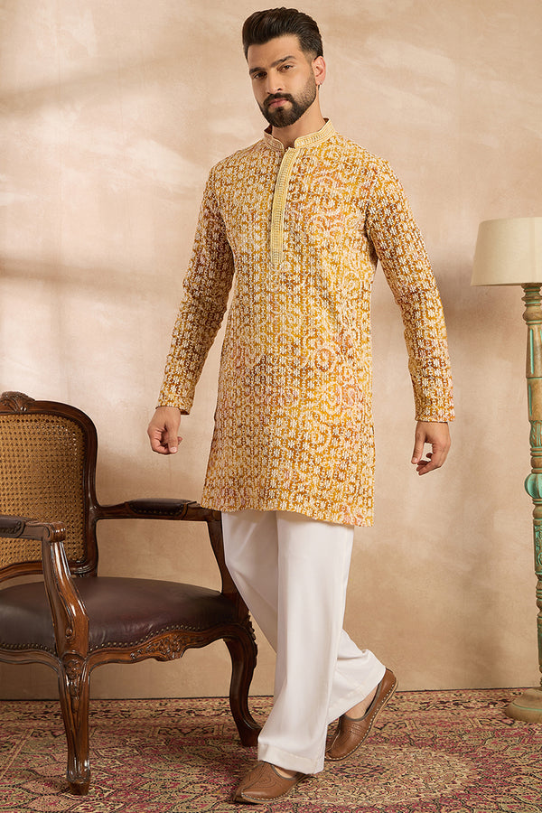 Yellow Viscose Rayon Batik Embroidered Straight Kurta MKU1656
