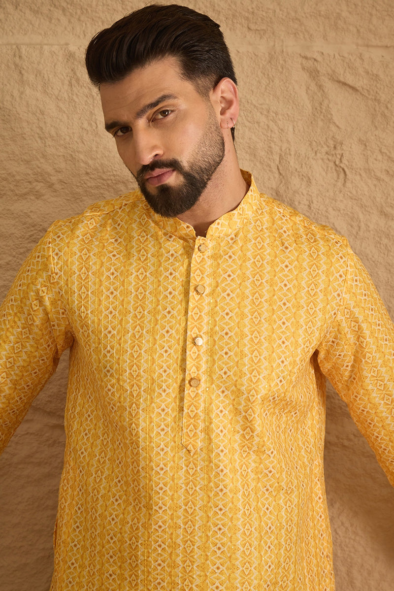 Yellow Silk Blend Geometric Embroidered Straight Kurta with Trouser MKSET1313