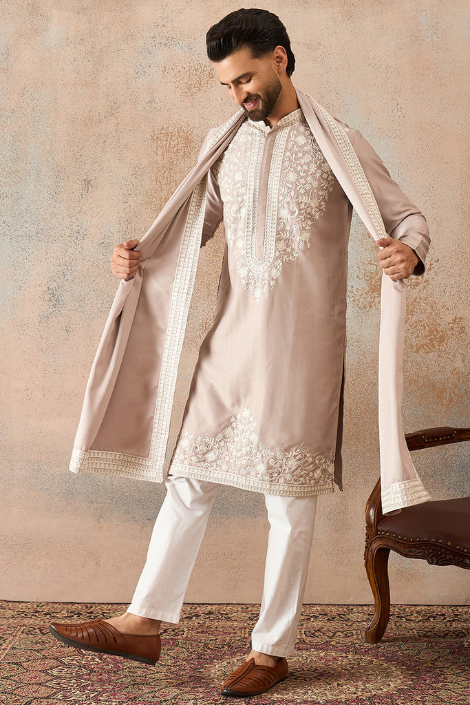 Beige Silk Blend Solid Embroidered Kurta Trouser With Dupatta MKPD1042