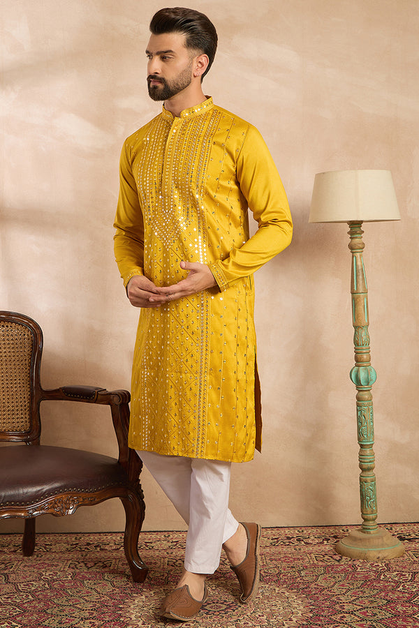 Yellow Silk Blend Geometric Embroidered Straight Kurta MKU1688