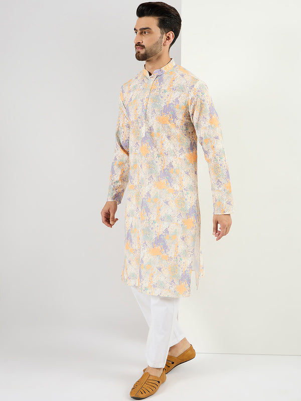 Ethnic Bay Men Off White Viscose Rayon Abstract Embroidered Chikankari Straight Kurta MKU1063