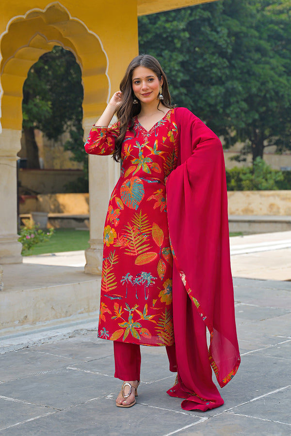 Pink Viscose Rayon Floral Printed Straight Kurta Trousers With Dupatta PKSKD3160