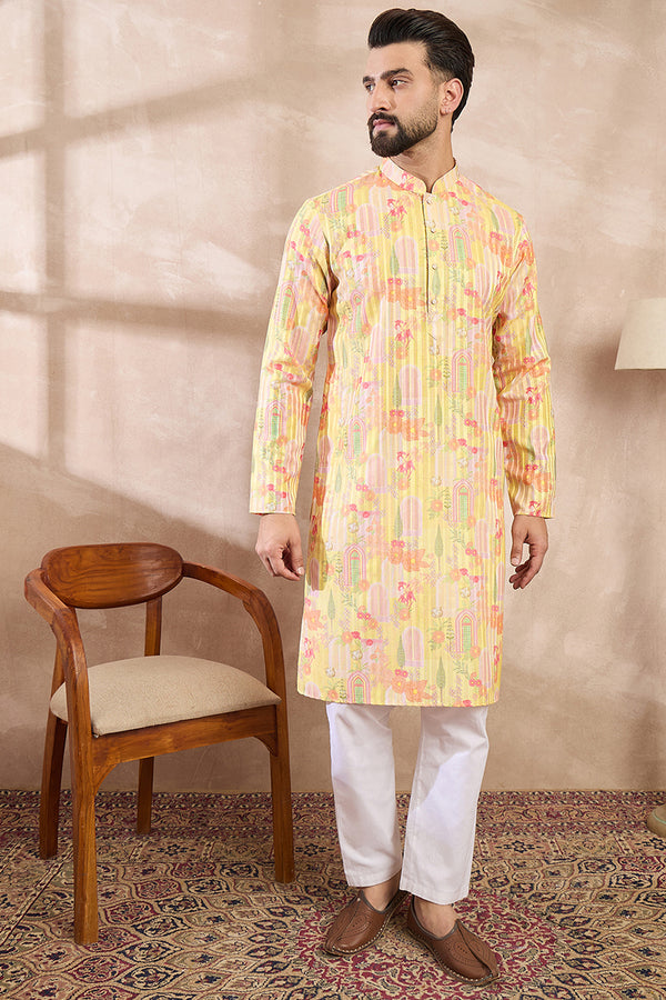 Yellow Silk Blend Abstract Printed Straight Kurta With Trouser MKSET2013