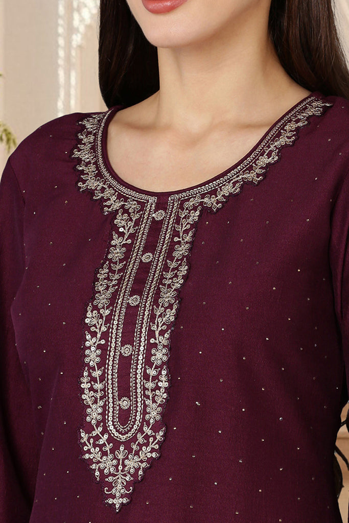 Burgundy Silk Blend Solid Straight Kurta Trousers With Dupatta PKSKD1759