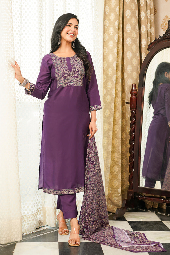Purple Cotton Blend Ajrakh Printed Straight Kurta Trousers With Dupatta PKSKD3067