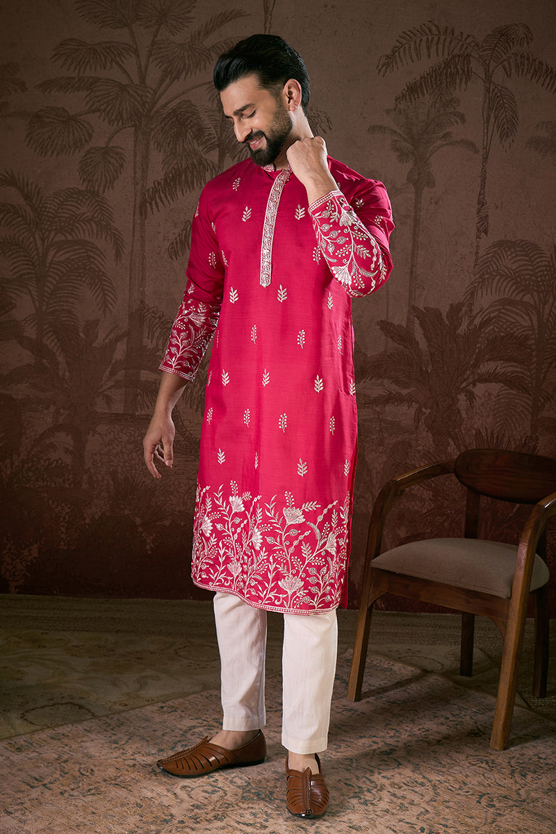 Pink Silk Blend Solid Embroidered Straight Kurta MKU1943