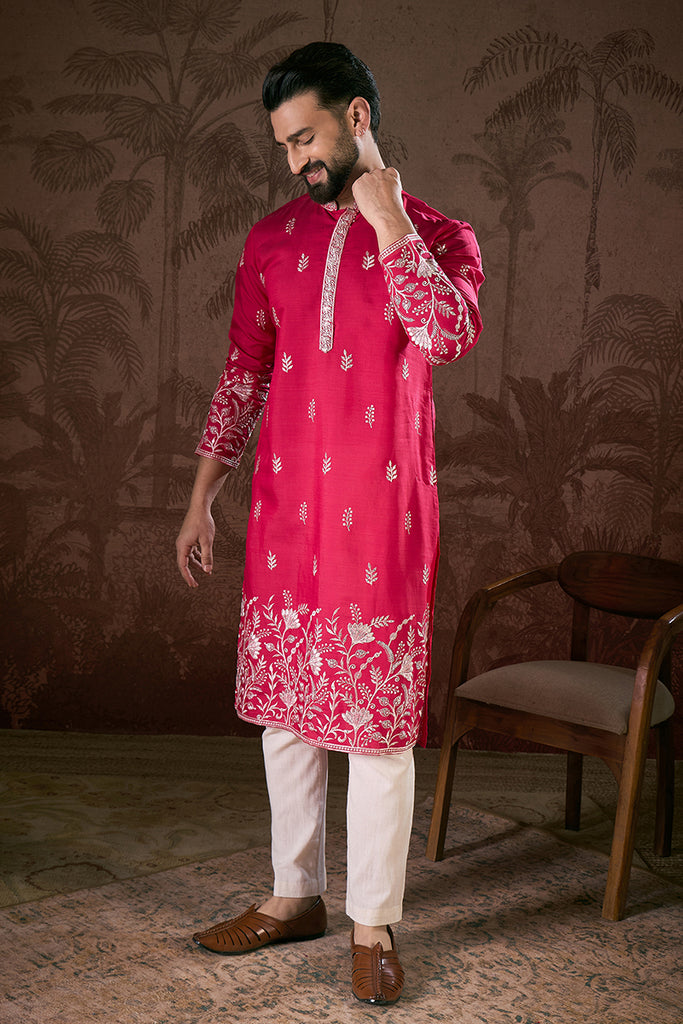 Pink Silk Blend Solid Embroidered Straight Kurta MKU1943