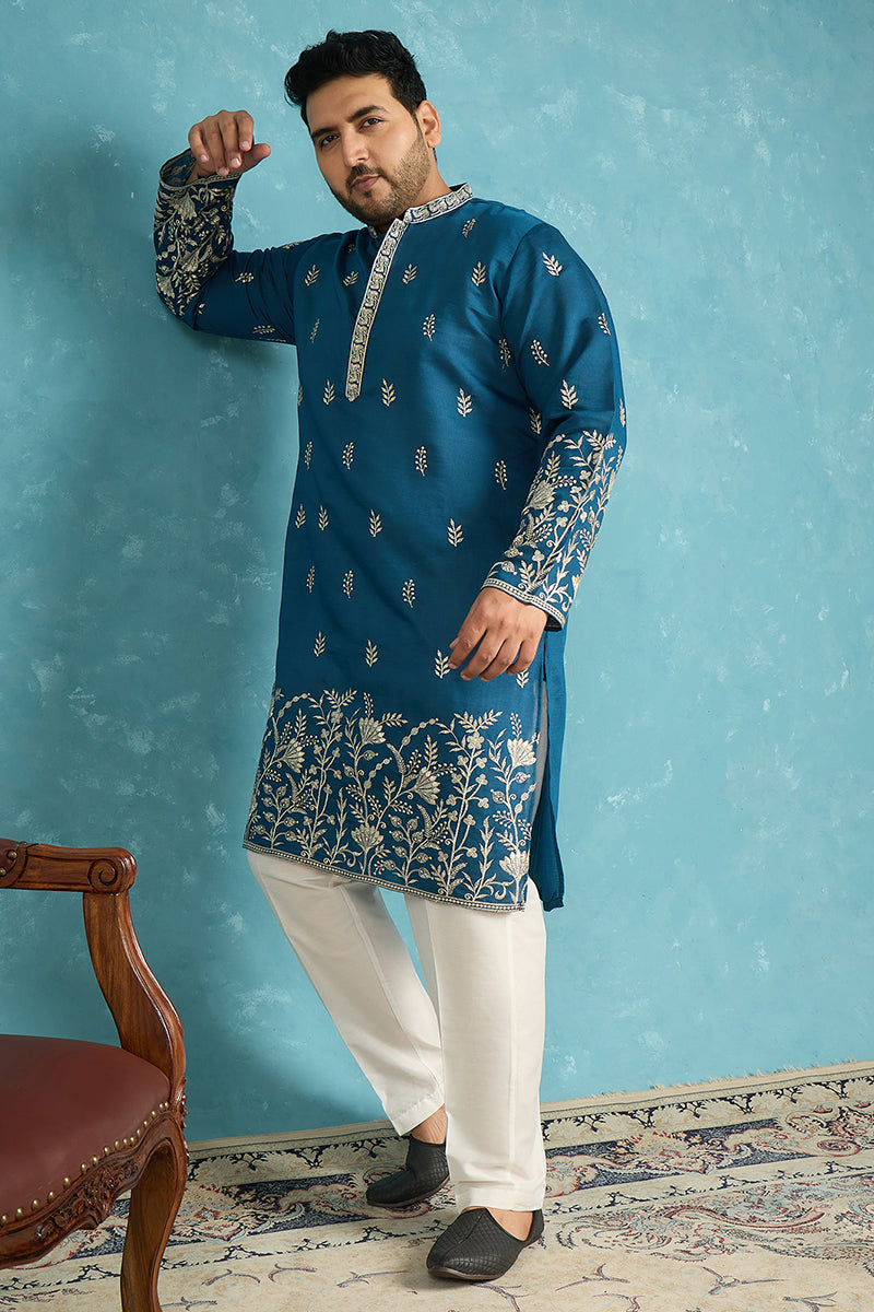 Blue Silk Blend Solid Thread Work Embroidered Kurta MKU1315