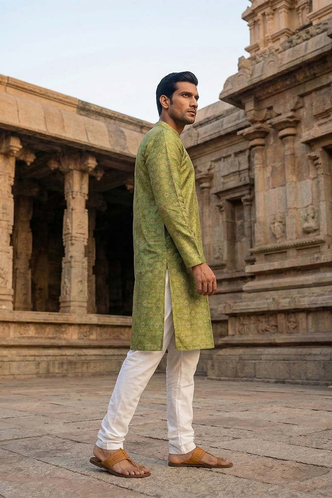 Green Silk Blend Printed Straight Kurta With Trousers MKSET1910