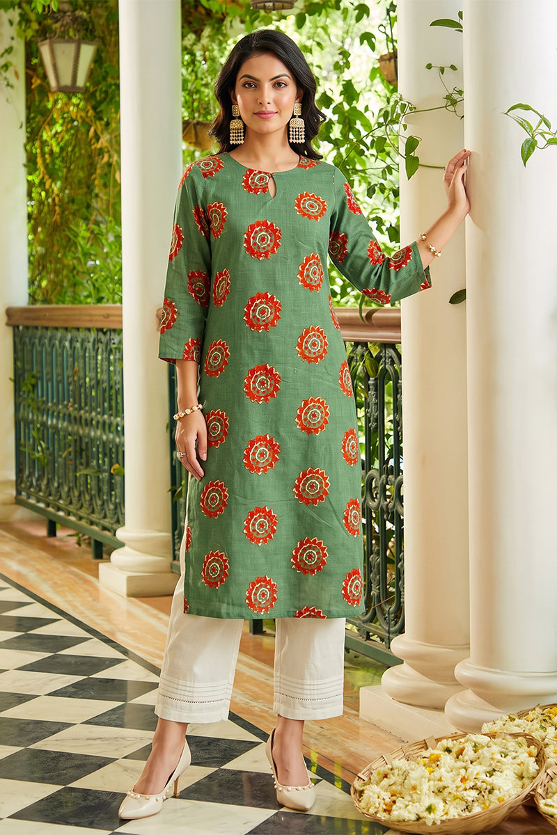 Cotton Rama Green Color Fancy Daily Wear Kurti VCK1295