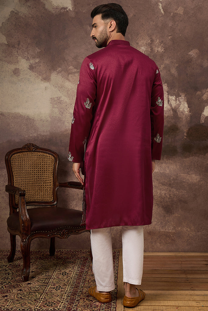 Maroon Silk Blend Solid Embroidered Straight Kurta with Trouser MKSET1346