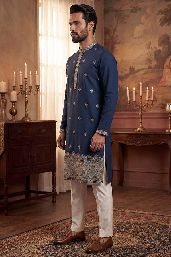Silk Blend Blue Solid Embroidered Calf Length Straight Kurta MKU2099