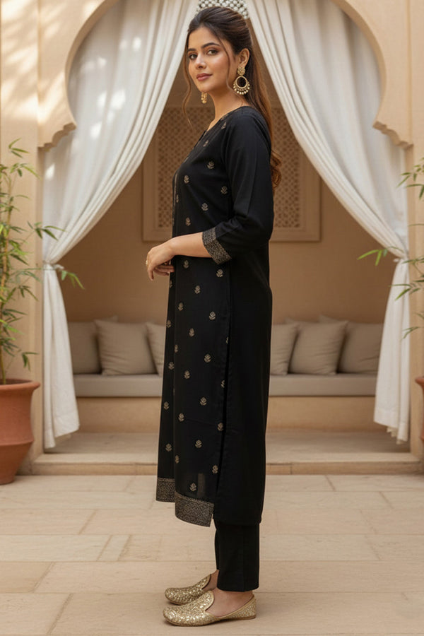 Black Silk Blend Ethnic Motifs Stoning Straight Kurta Trouser with Dupatta SKSKD3089