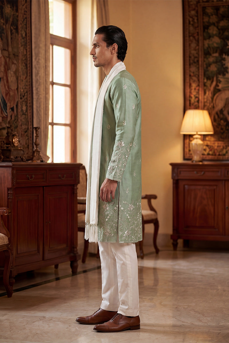 Green Silk Blend Solid Embroidered Straight Kurta Sets MKUD1783