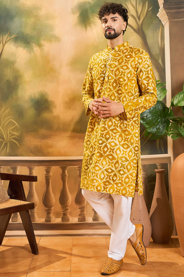 Yellow Pure Cotton Shibori Embroidered Straight Kurta with Trouser MKSET1462