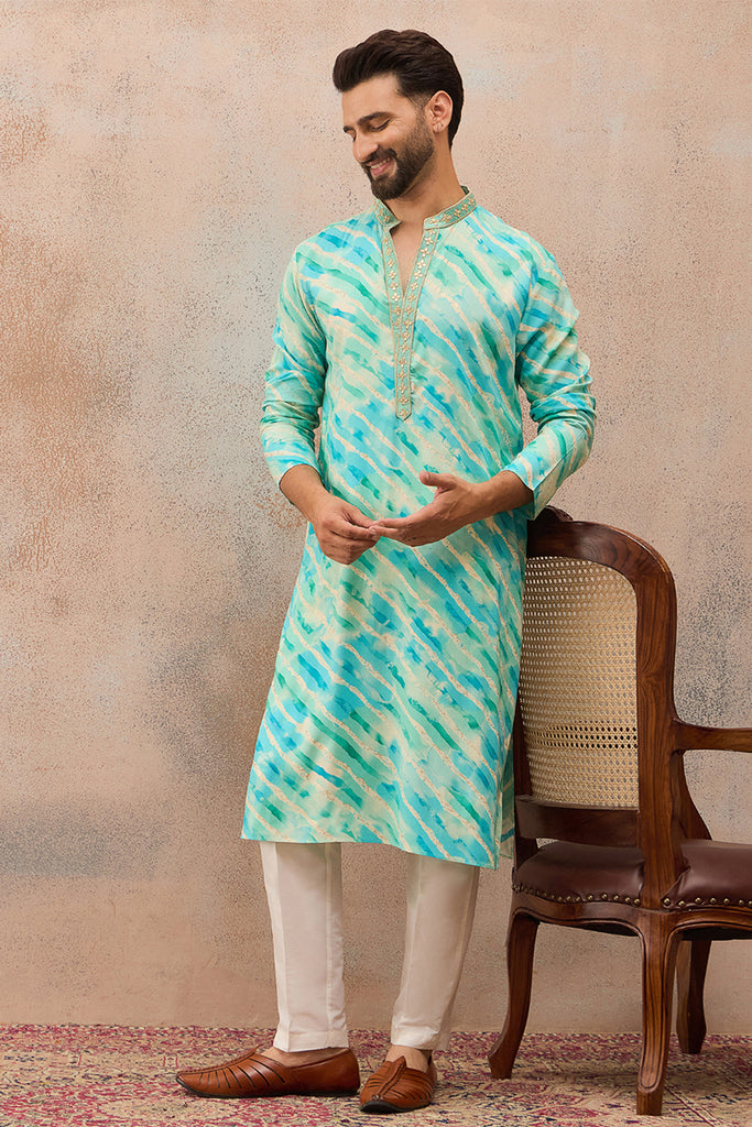 Turquoise Blue Viscose Rayon Leheriya Printed Kurta With Trouser MKSET2761
