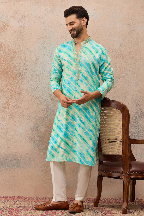 Turquoise Blue Viscose Rayon Leheriya Printed Kurta With Trouser MKSET2761