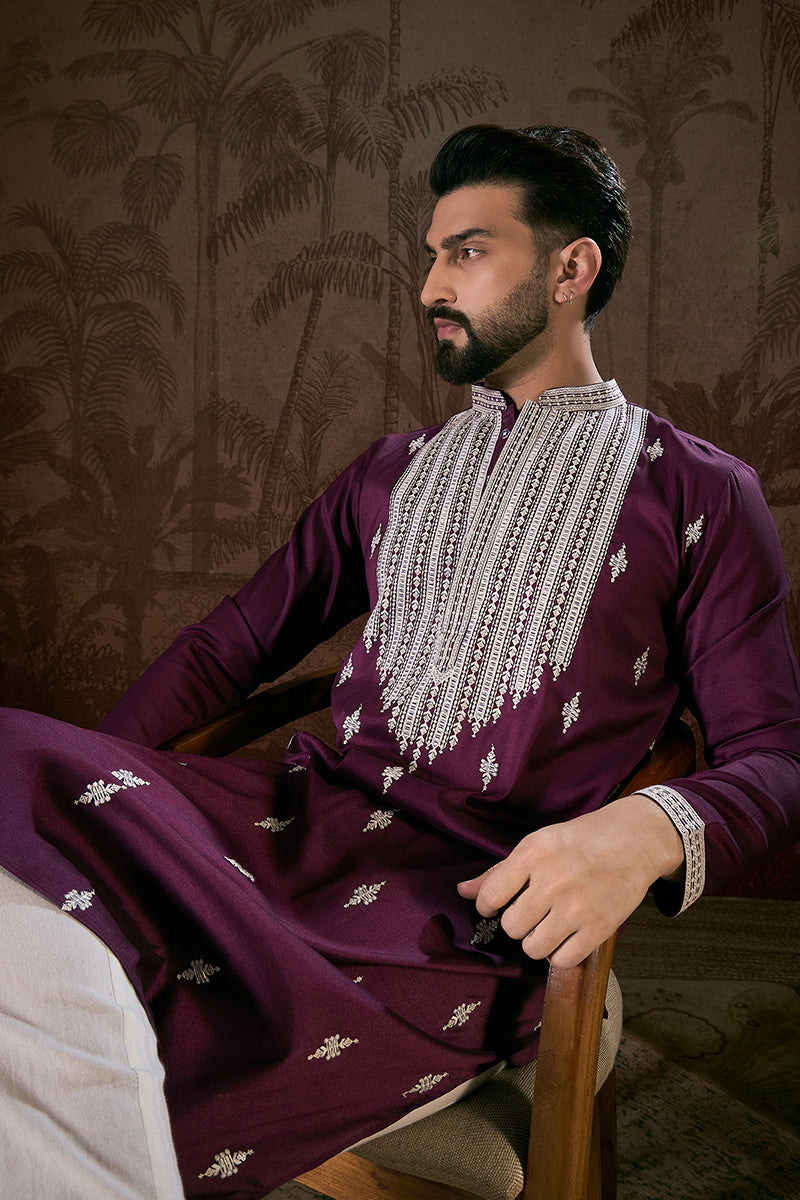 Purple Silk Blend Solid Embroidered Straight Kurta With Trouser MKSET1793