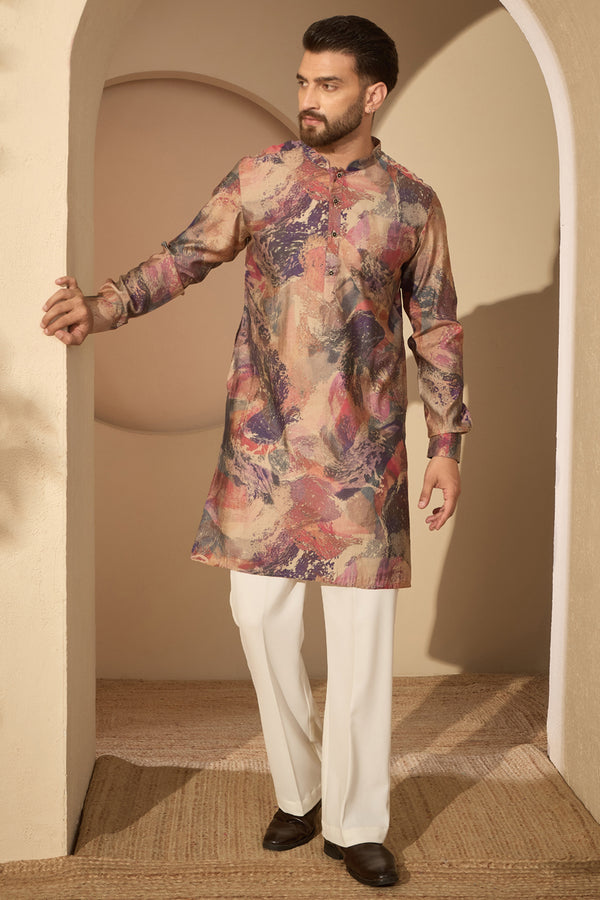 Multi Silk Blend Abstract Printed Mandarin Collar Kurta MKU2621