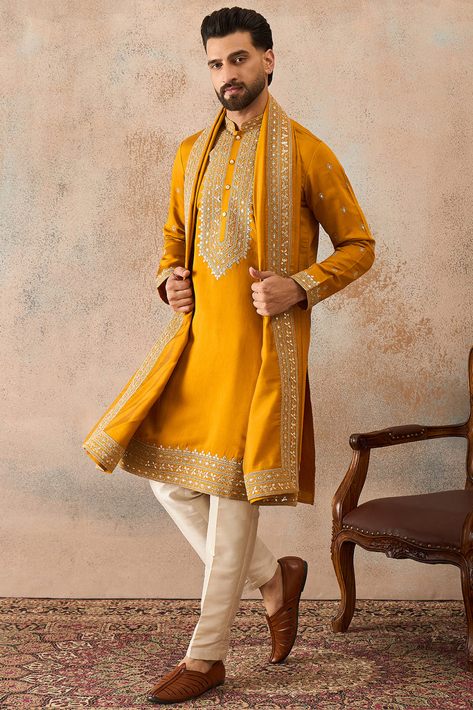 Mustard Silk Blend Solid Embroidered Kurta With Dupatta MKUD1029