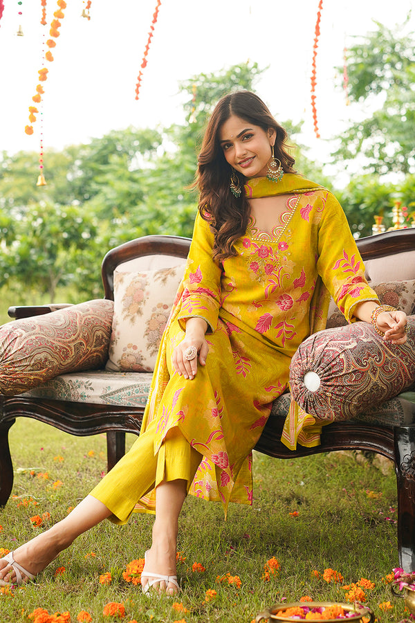 Yellow Rayon Blend Floral Straight Kurta Trousers With Dupatta PKSKD3052