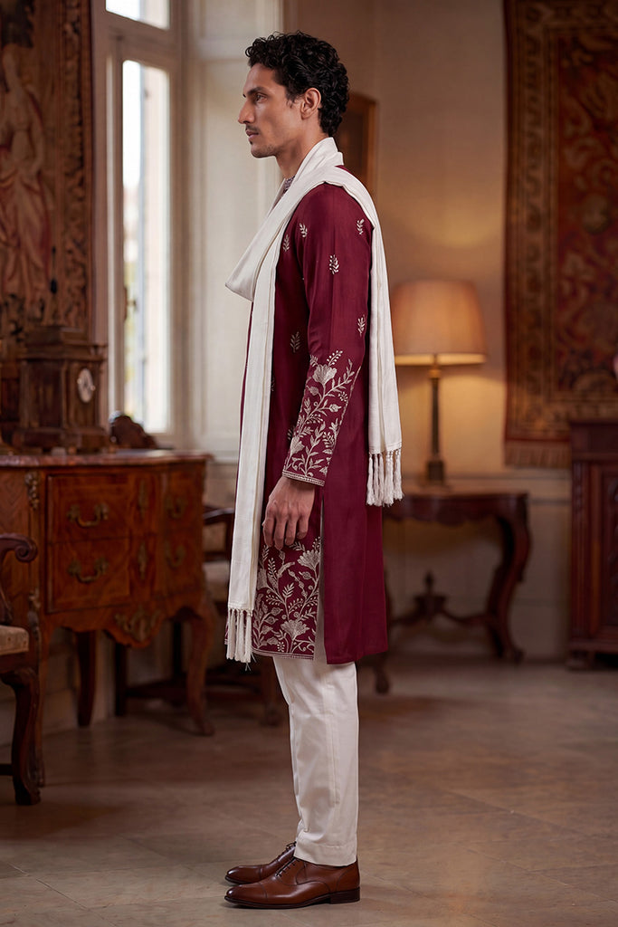 Maroon Silk Blend Solid Embroidered Straight Kurta with Dupatta MKUD1945