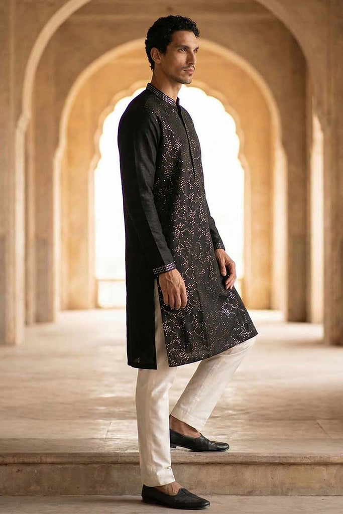 Silk Blend Black Solid Embroidered Calf Length Straight Kurta MKU2128