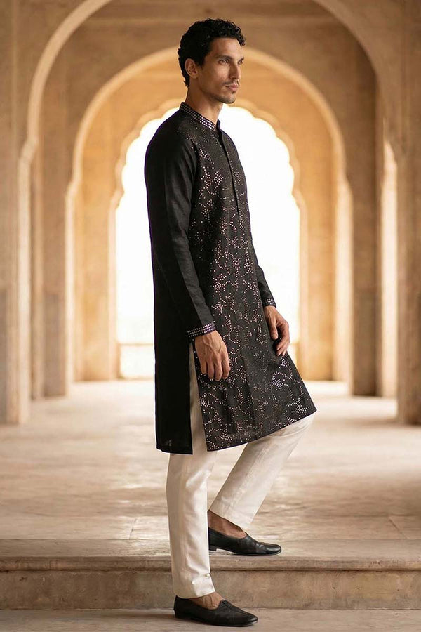 Silk Blend Black Solid Embroidered Calf Length Straight Kurta MKU2128