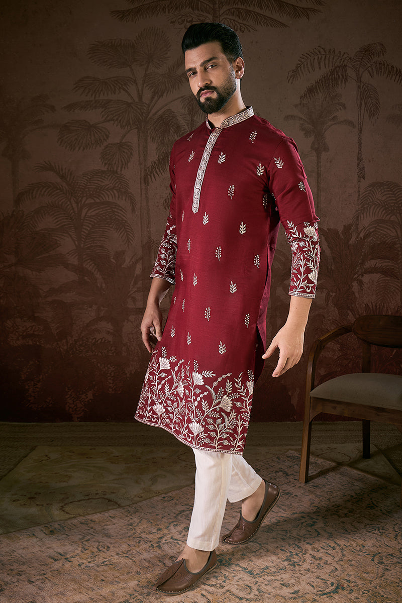 Maroon Silk Blend Solid Embroidered Straight Kurta MKU1945