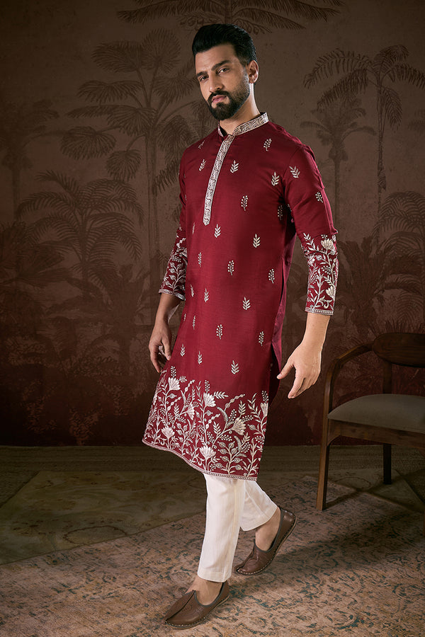 Maroon Silk Blend Solid Embroidered Straight Kurta MKU1945