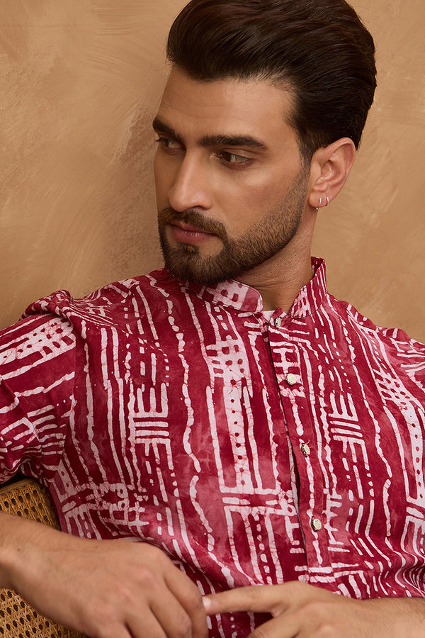 Red Viscose Rayon Batik Embroidered Straight Kurta MKU1499