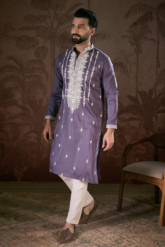 Lavender Silk Blend Solid Embroidered Straight Kurta MKU1792