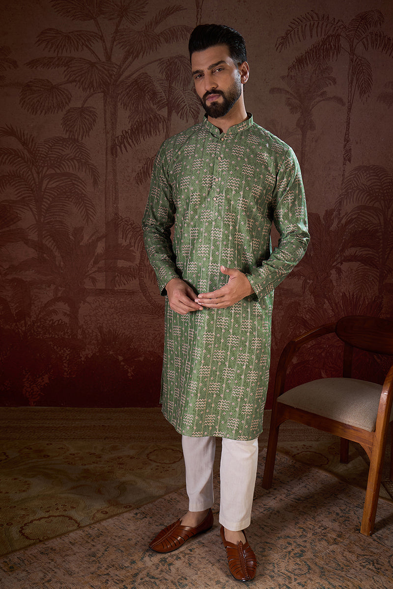 Green Silk Blend Ethnic Motifs Printed Straight Kurta With Trouser MKSET1951