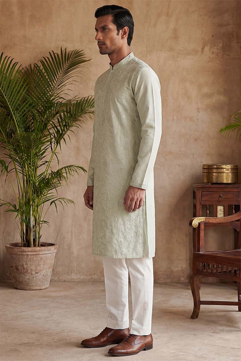 Silk Blend Green Solid Embroidered Calf Length Straight Kurta MKU2133