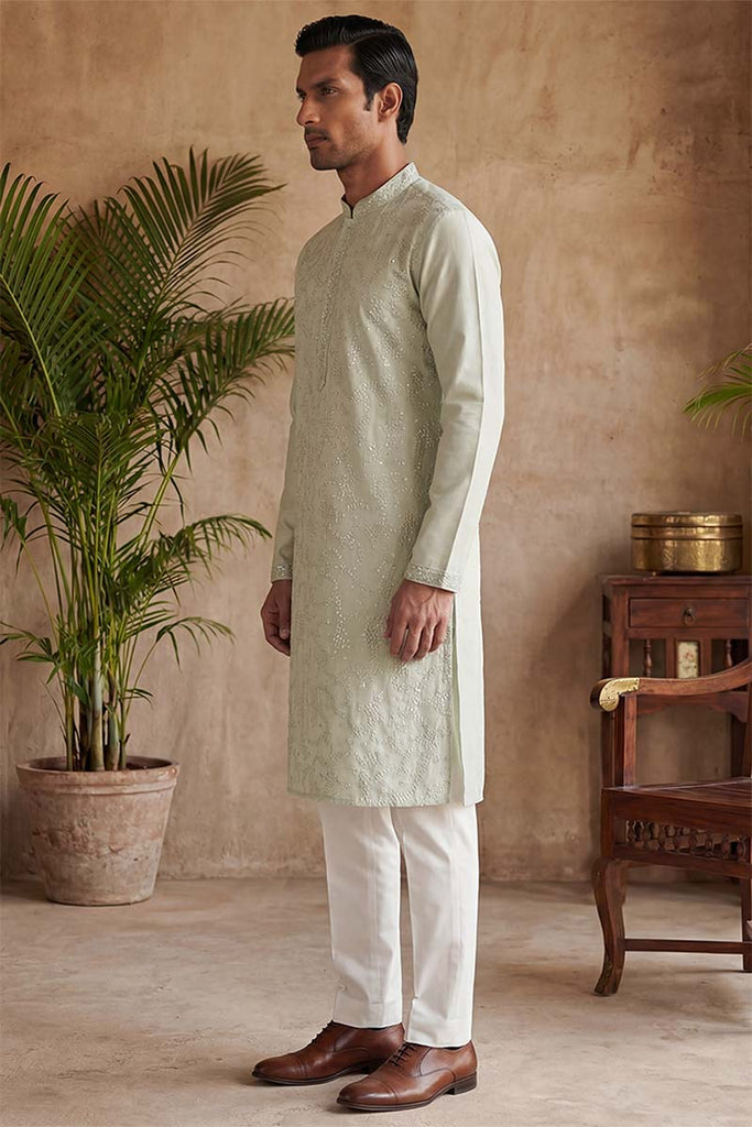 Silk Blend Green Solid Embroidered Calf Length Straight Kurta MKU2133