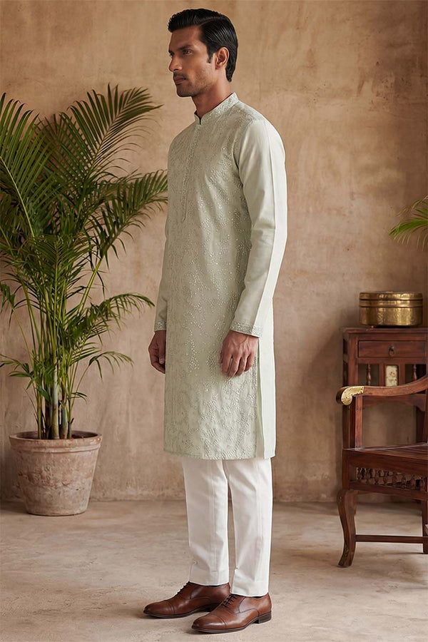 Silk Blend Green Solid Embroidered Calf Length Straight Kurta MKU2133