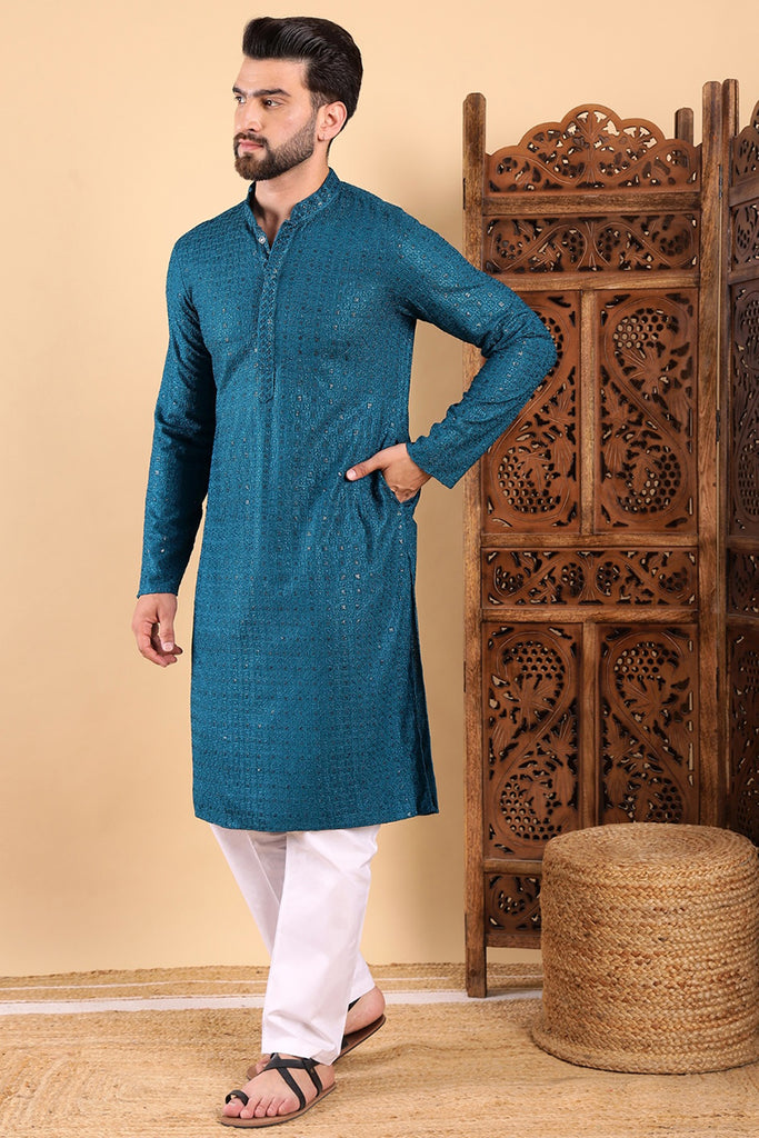 Teal Viscose Rayon Solid Embroidered Straight Kurta For Men MKU1022TIL