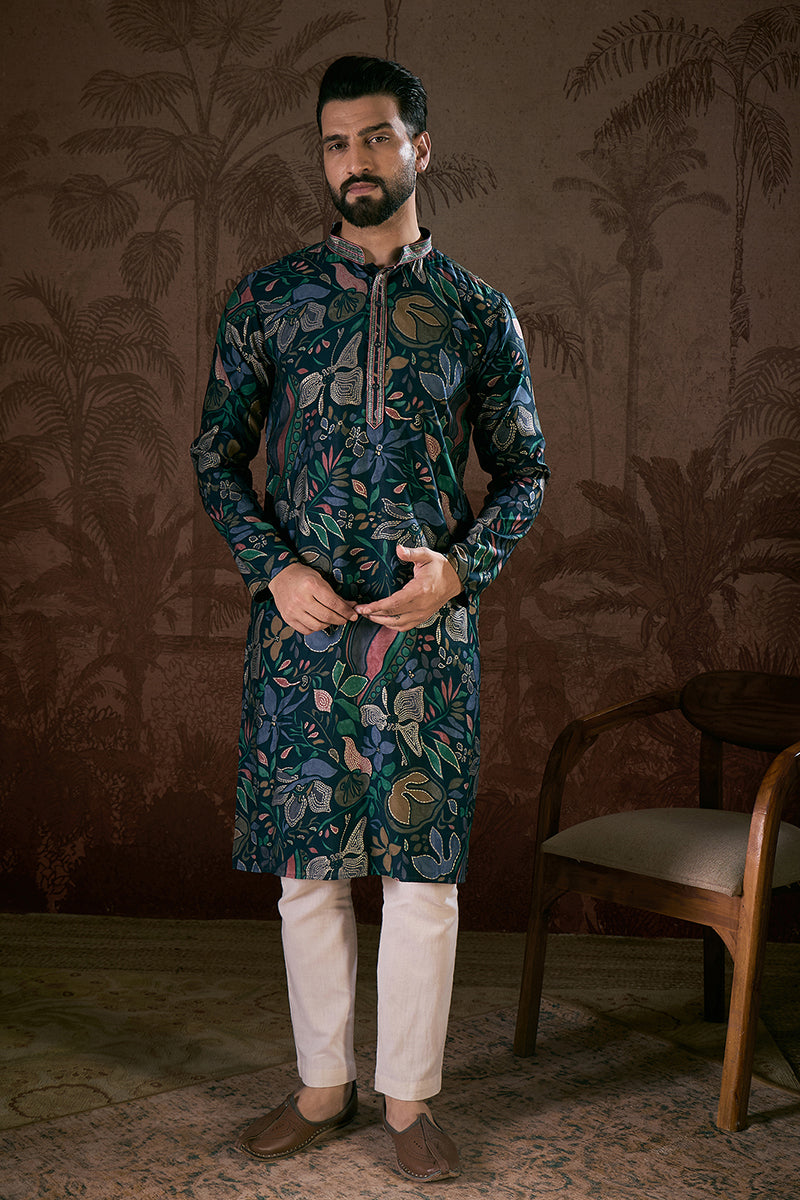 Blue Silk Blend Floral Printed Straight Kurta With Trouser MKSET1962
